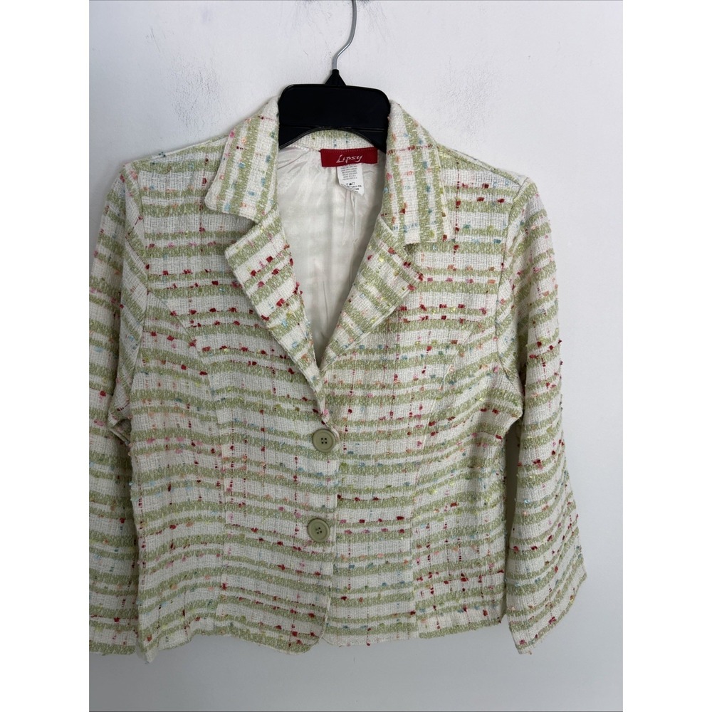 VTG Y2K Lipsy Lime Green Rainbow Tweed Women's Blazer Jacket Size Large MadeUSA